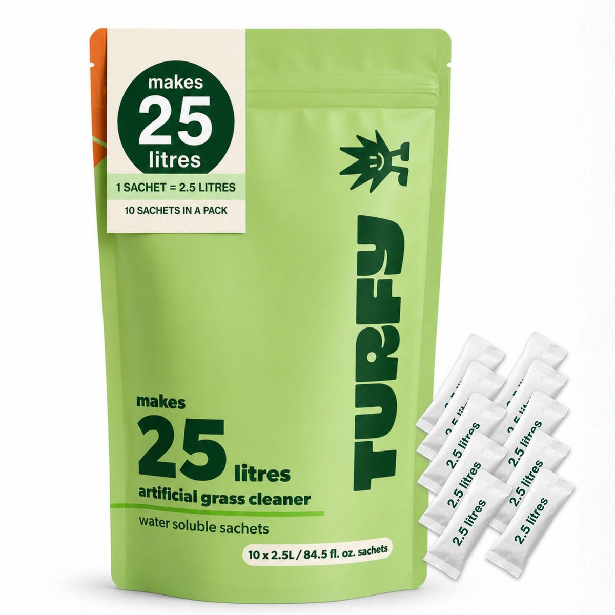 A green stand-up pouch of Turfy artificial grass cleaner sachets, labeled to make 25 litres, with several individual white sachets fanned out beside it on a white background.