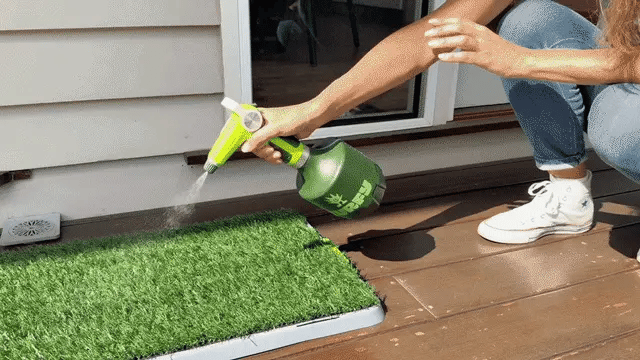 1.5 Kit cleaning spray for artificial grass and pet turf maintenance demonstration on wooden deck