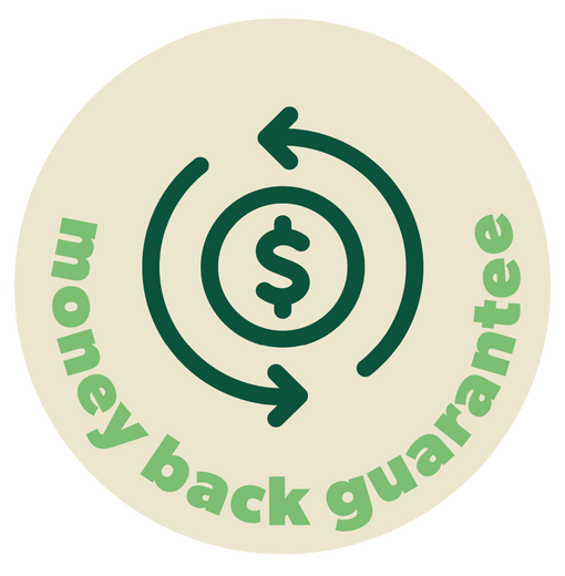 Round sticker with money back guarantee text and dollar sign on a beige background