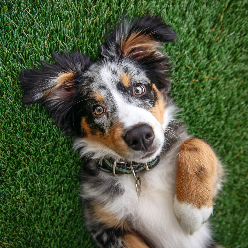 A dog laying comfortably on fresh artificial grass cleaned with Turfy probiotic turf cleaner.