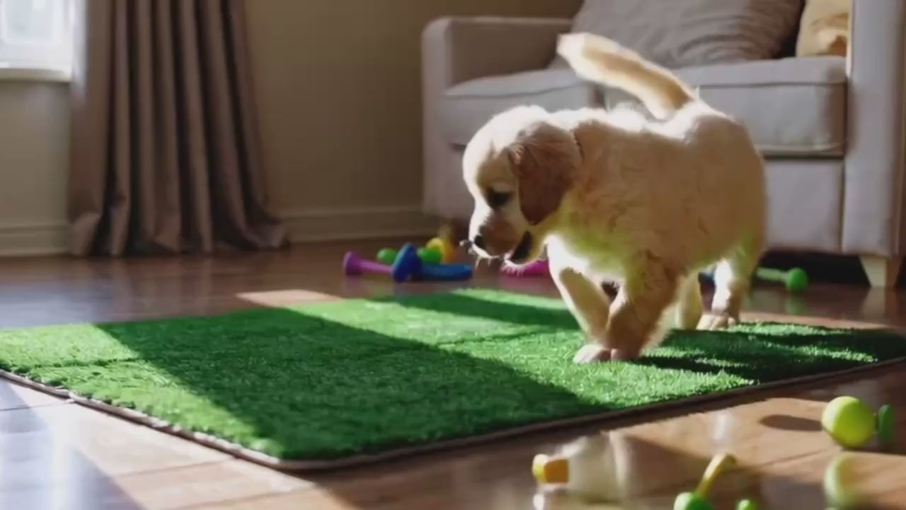 Video of a dog playing on synthetic grass after using Turfy dog urine smell remover.