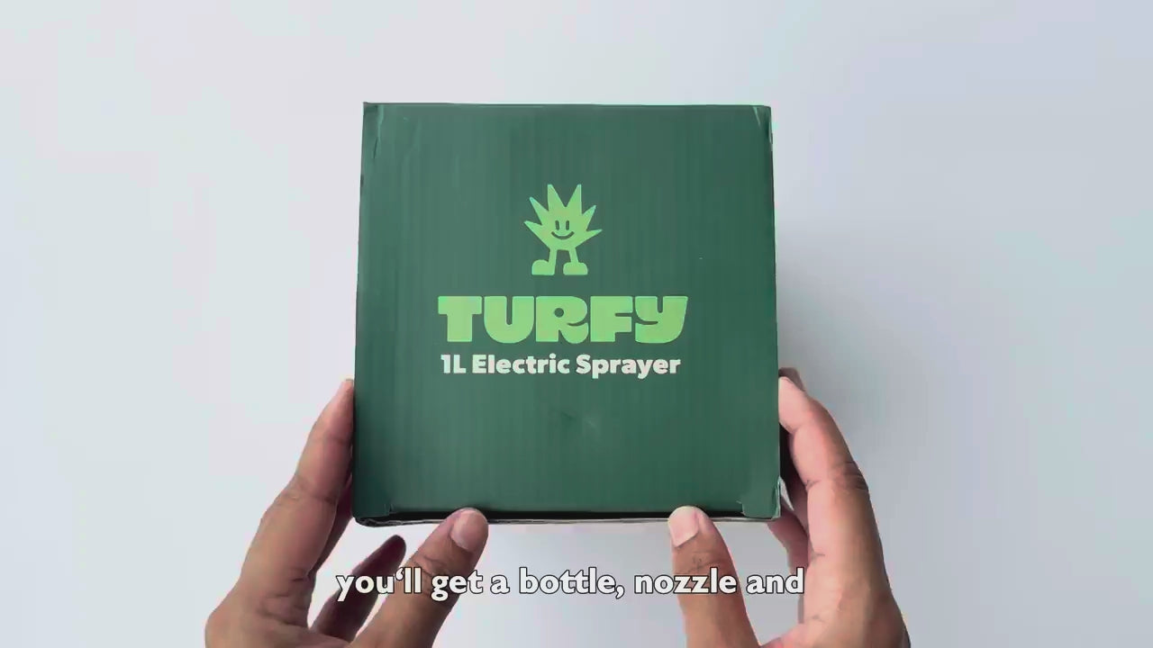 Unboxing the 10L turfy kit with its dissolvable sachets with probiotic formula, battery sprayer and 1L bottle.