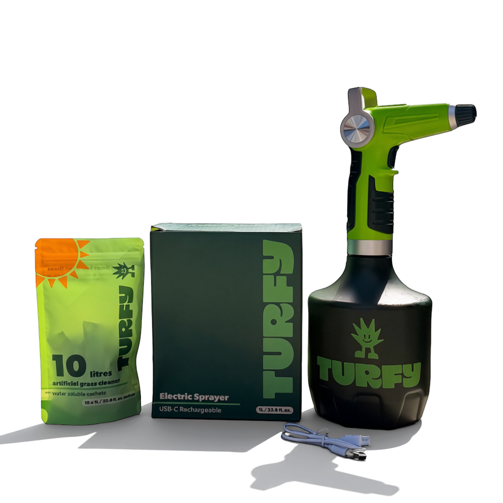 Turf bacteria and enzyme cleaner product set with sprayer, refill pouches and box on a transparent background