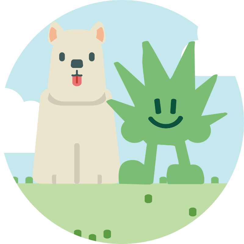 Turfy probiotic artificial grass cleaner mascot with dog looking happy