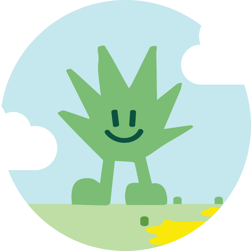Turfy probiotic solution with enzymes and bacteria mascot emerges on fake grass to remove pet urine.