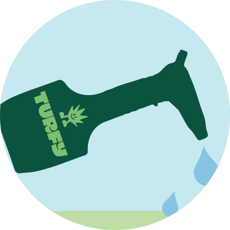 Turfy probiotic solution with enzymes and bacteria 1 litre bottle spraying solution onto fake grass.